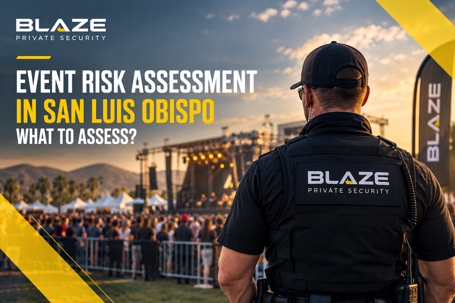 Blaze Private Security officer overseeing an outdoor event in San Luis Obispo during a risk assessment.