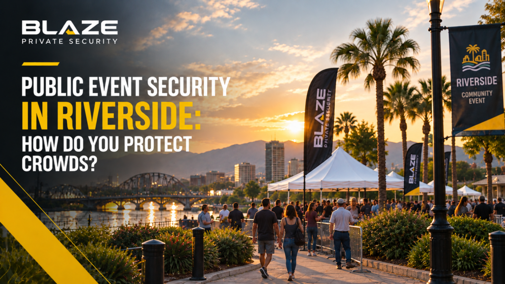 Public event security in Riverside: attendees walk past event tents and barricades at a sunset community event, Blaze Private Security